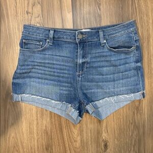 PAIGE Jimmy Jimmy Stretch Blue Denim Raw Hem Roll Cuff Pockets Zip Fly Shorts 29